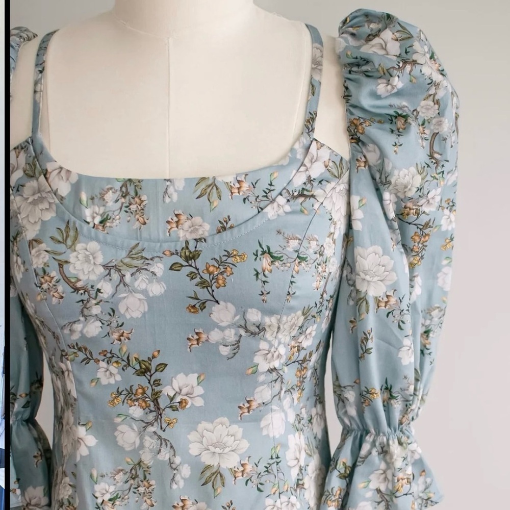 Reveux Floral Blue Puff Sleeve Dress - Picture 4 of 15